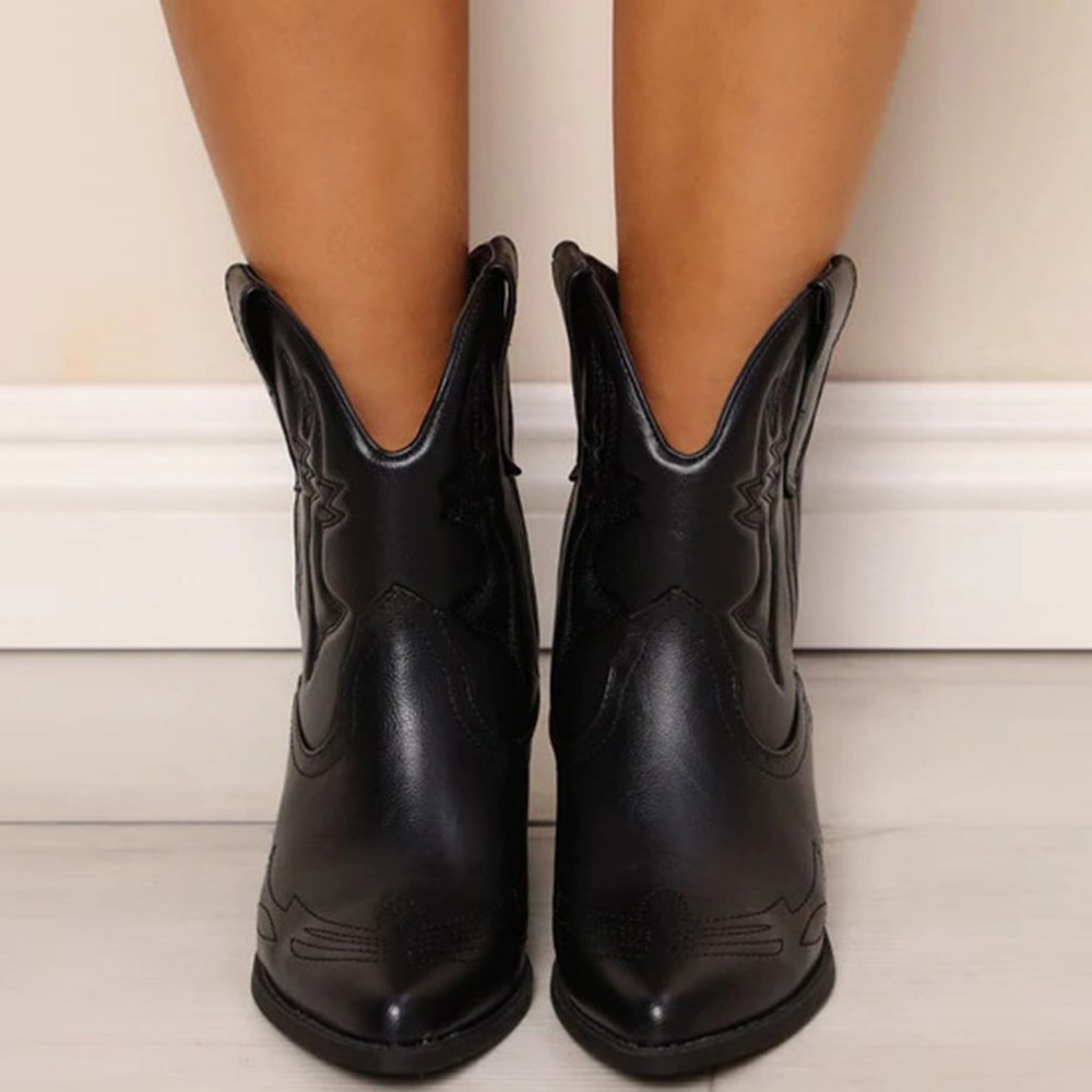 Black Embroidered Cowgirl Booties Ankle Boot Block Low Heel Pull-On - Picture 2 of 4